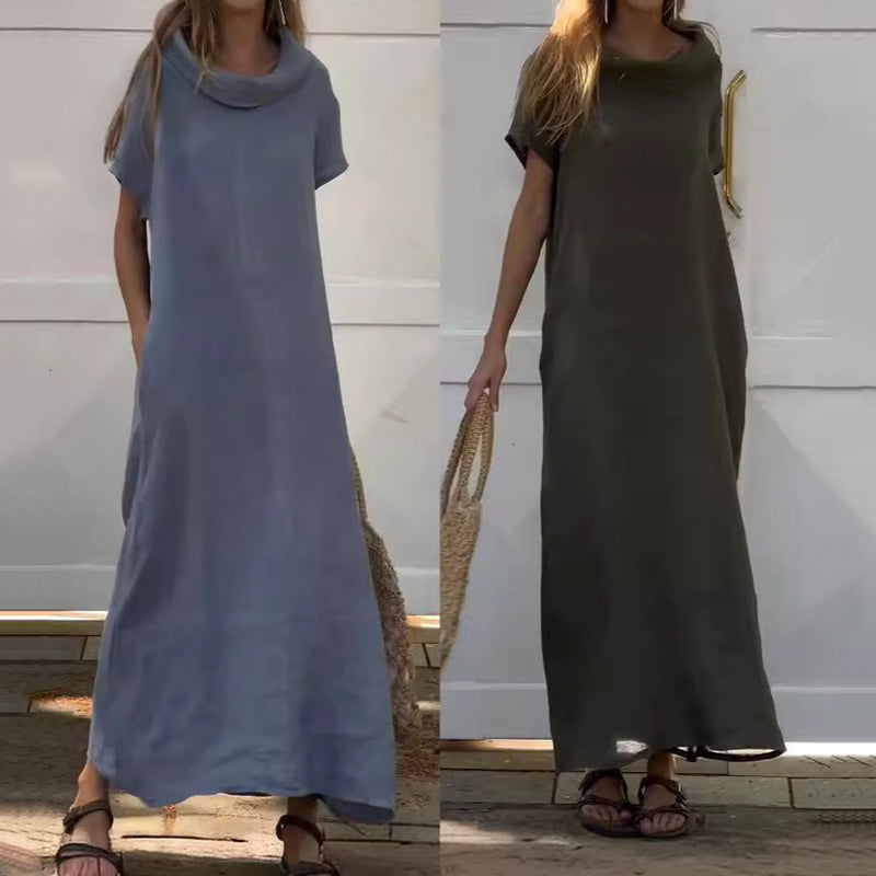 Harriet | Damen-Freizeitkleid aus Baumwolle und Leinen mit Wasserfallausschnitt