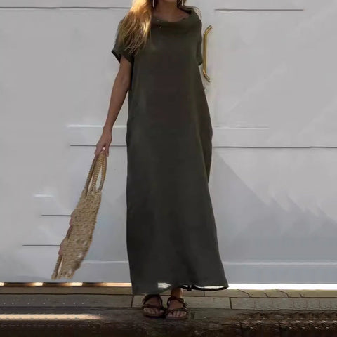 Harriet | Damen-Freizeitkleid aus Baumwolle und Leinen mit Wasserfallausschnitt