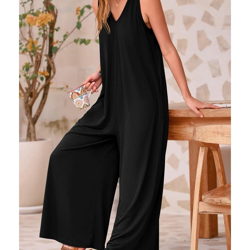Heaven | Damen Casual V-Ausschnitt ärmellose Weitbein-Jumpsuit