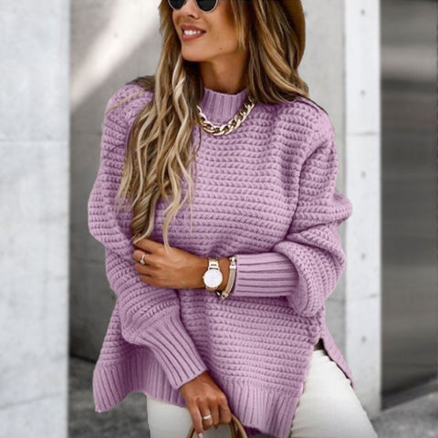 Jenieh | Strickpullover in Unifarbe mit Seitenschlitzen und Rundhalsausschnitt