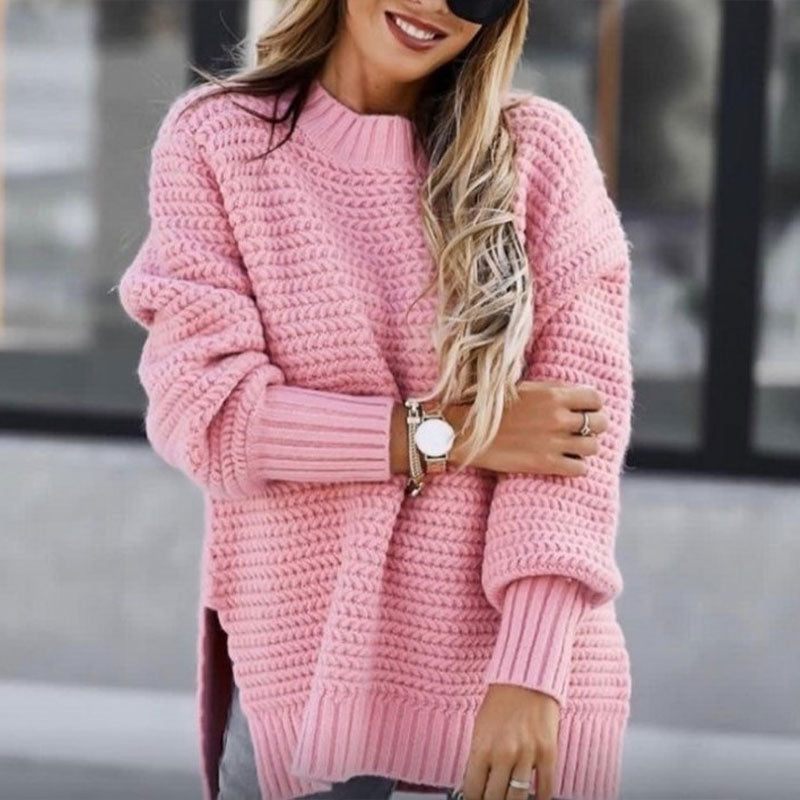 Jenieh | Strickpullover in Unifarbe mit Seitenschlitzen und Rundhalsausschnitt