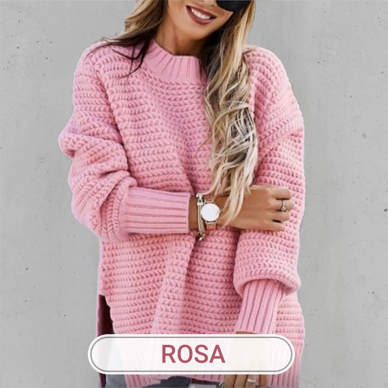 Jenieh | Strickpullover in Unifarbe mit Seitenschlitzen und Rundhalsausschnitt