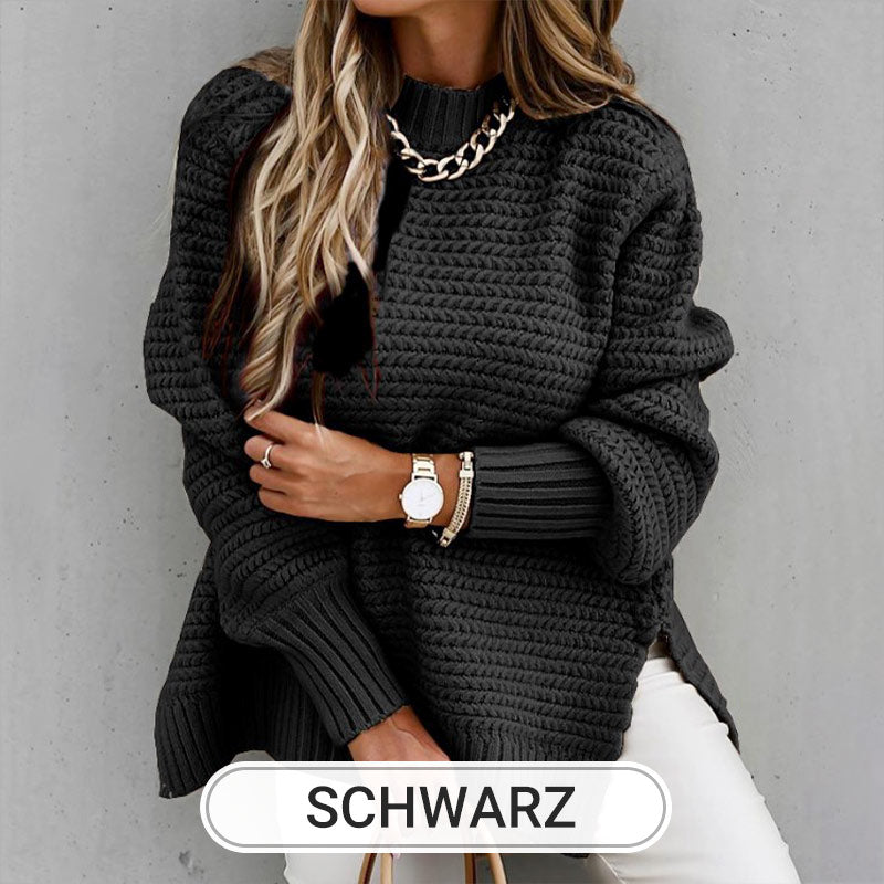 Jenieh | Strickpullover in Unifarbe mit Seitenschlitzen und Rundhalsausschnitt