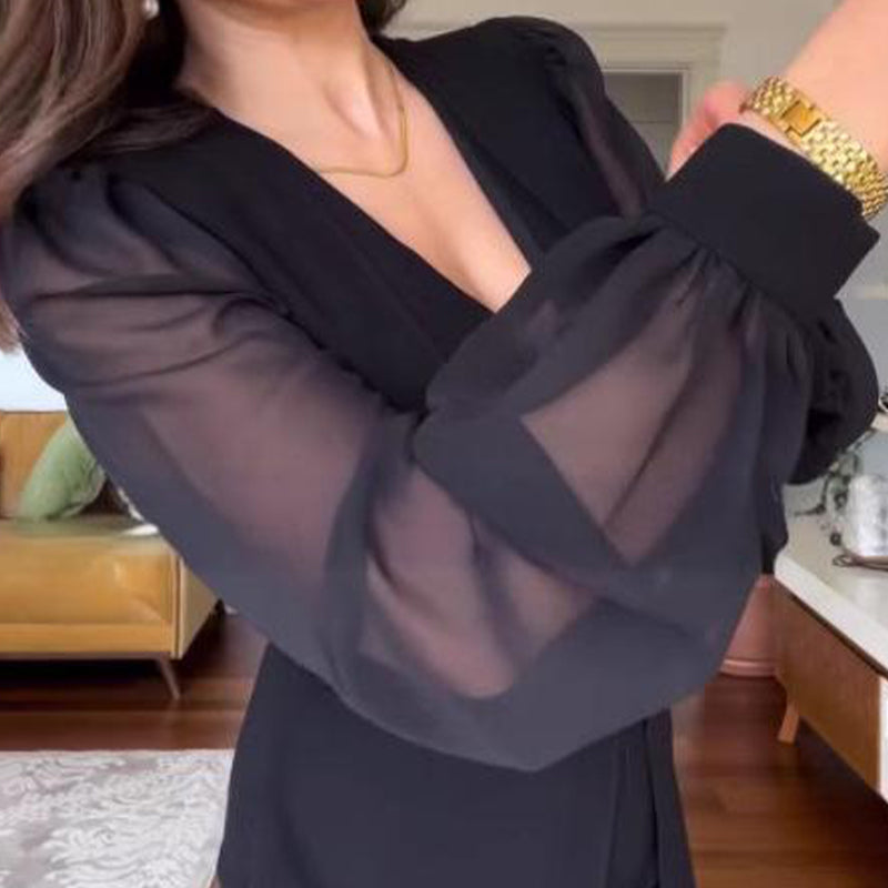 Neiley | Elegante Kleider aus Netzstoff mit V-Ausschnitt und langen Laternenärmeln für Damen