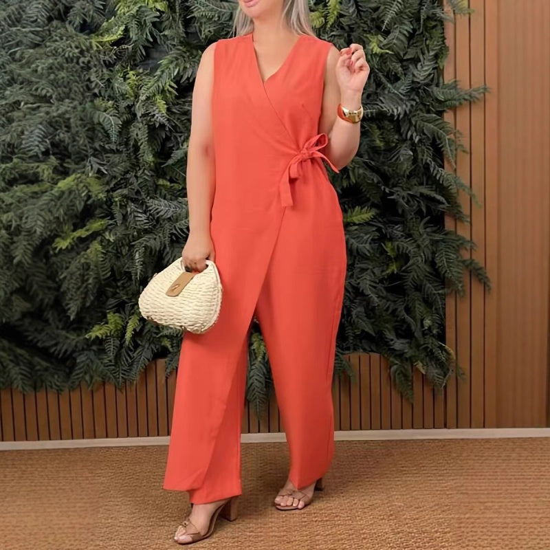 Rivka | Einfarbiger, lässiger Jumpsuit mit V-Ausschnitt und Bindeband für Damen