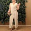 Rivka | Einfarbiger, lässiger Jumpsuit mit V-Ausschnitt und Bindeband für Damen