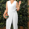 Rivka | Einfarbiger, lässiger Jumpsuit mit V-Ausschnitt und Bindeband für Damen