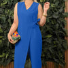 Rivka | Einfarbiger, lässiger Jumpsuit mit V-Ausschnitt und Bindeband für Damen
