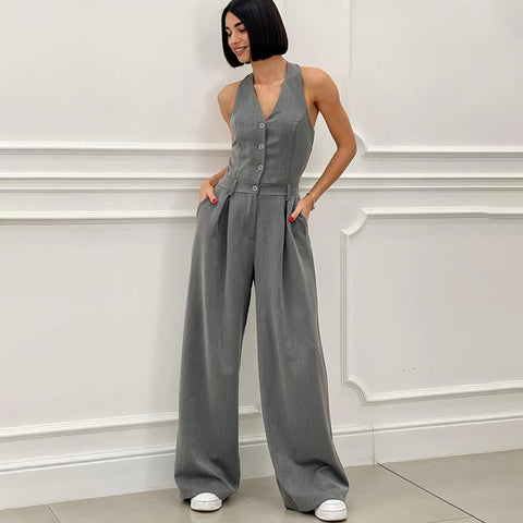 Narella | Ärmelloser Jumpsuit mit Knöpfen und Weitem Bein für Damen