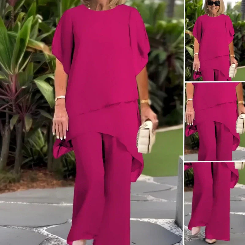 Elvis | Damen-Zweiteiler: Charmantes asymmetrisches Top & Hose mit weitem Bein