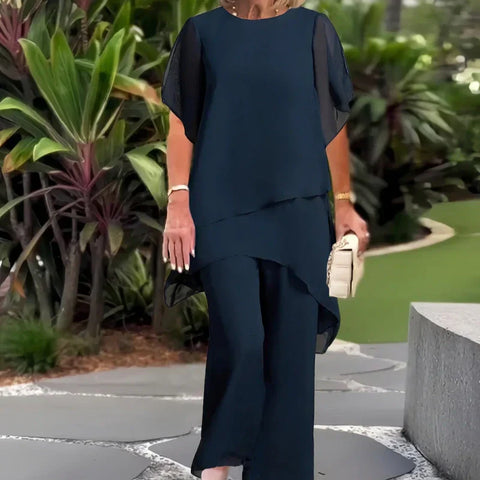 Elvis | Damen-Zweiteiler: Charmantes asymmetrisches Top & Hose mit weitem Bein