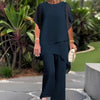 Elvis | Damen-Zweiteiler: Charmantes asymmetrisches Top & Hose mit weitem Bein