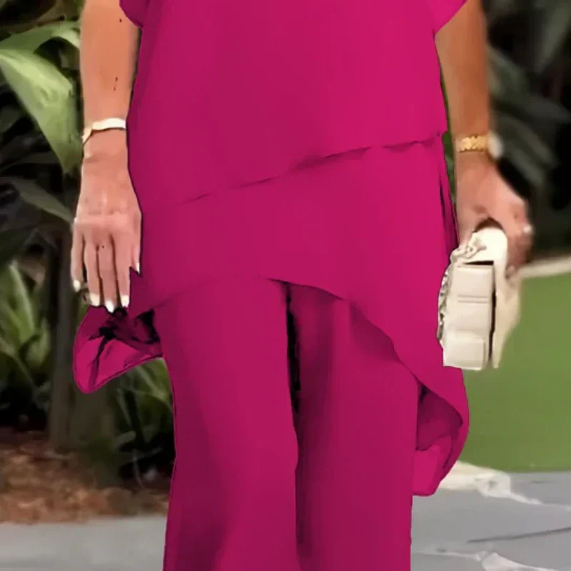 Elvis | Damen-Zweiteiler: Charmantes asymmetrisches Top & Hose mit weitem Bein