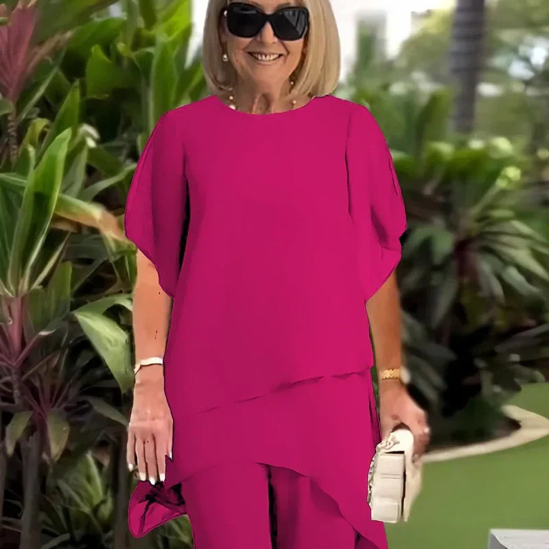 Elvis | Damen-Zweiteiler: Charmantes asymmetrisches Top & Hose mit weitem Bein