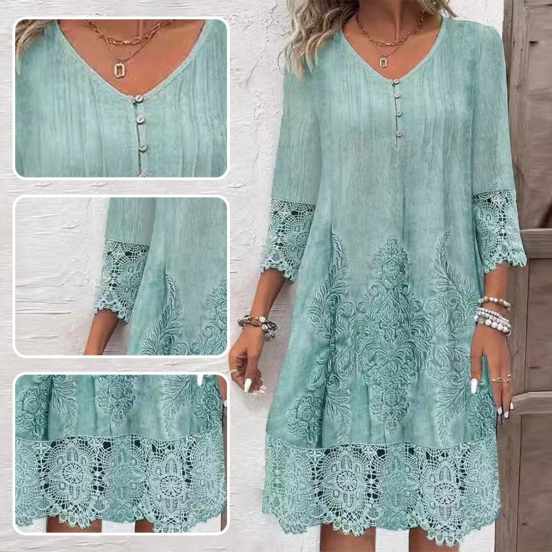 Kinzley | Elegantes Spitzenkleid mit halben Ärmeln und V-Ausschnitt für Damen
