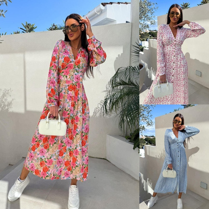 Eleanor | Langärmeliges, taillenbetontes Blumenkleid mit V-Ausschnitt und Knopfleiste