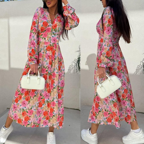 Eleanor | Langärmeliges, taillenbetontes Blumenkleid mit V-Ausschnitt und Knopfleiste