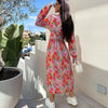 Eleanor | Langärmeliges, taillenbetontes Blumenkleid mit V-Ausschnitt und Knopfleiste