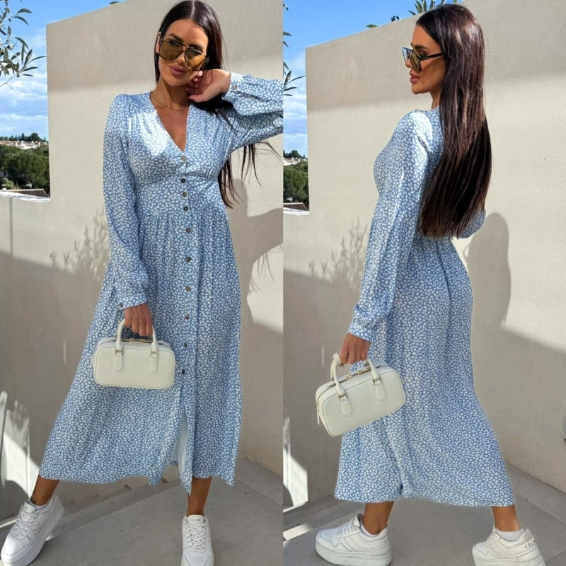 Eleanor | Langärmeliges, taillenbetontes Blumenkleid mit V-Ausschnitt und Knopfleiste
