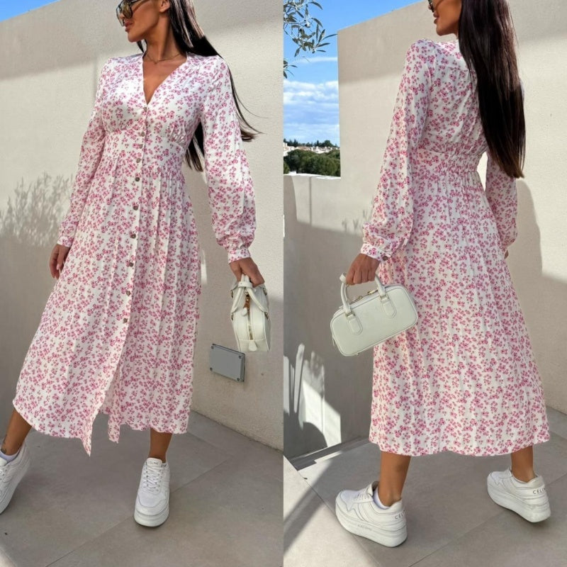 Eleanor | Langärmeliges, taillenbetontes Blumenkleid mit V-Ausschnitt und Knopfleiste
