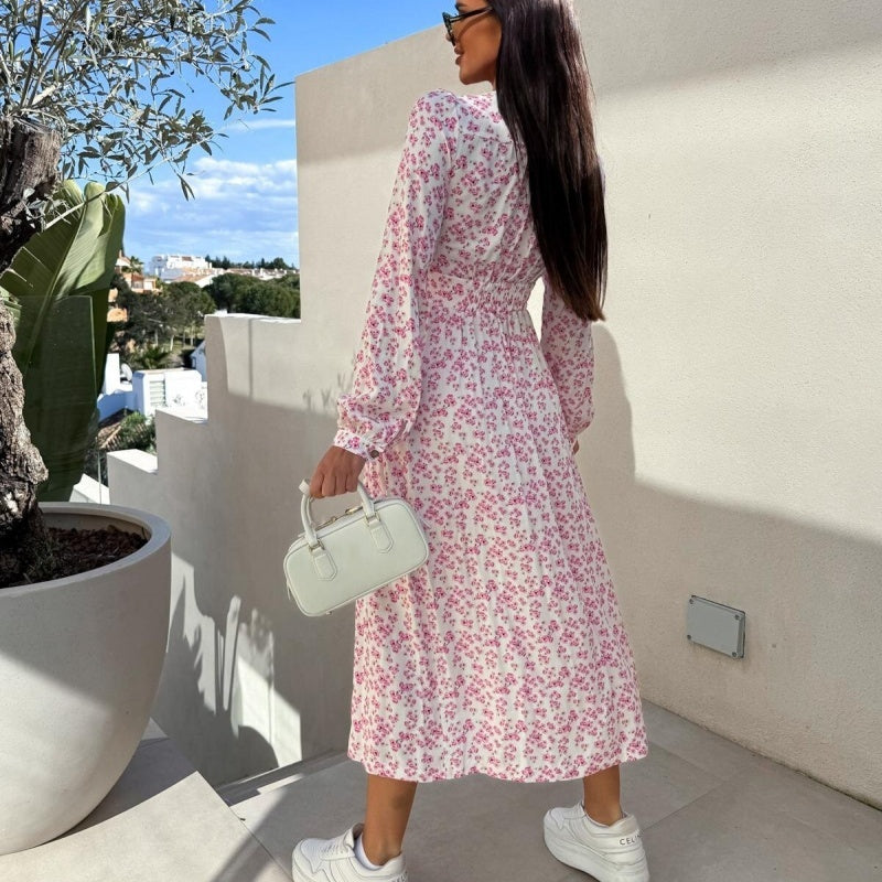 Eleanor | Langärmeliges, taillenbetontes Blumenkleid mit V-Ausschnitt und Knopfleiste