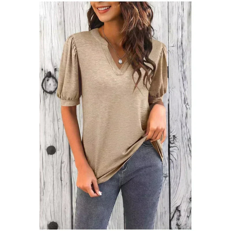 Johan |  Sommer-Specials Damen V-Ausschnitt Lässiges Puff Kurzarm Top Elegantes T-Shirt