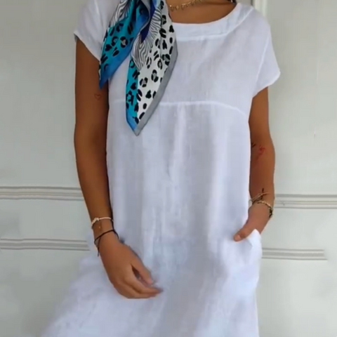 Phillipia | Damenleinenkleid mit Rundhalsausschnitt und kurzen Ärmeln