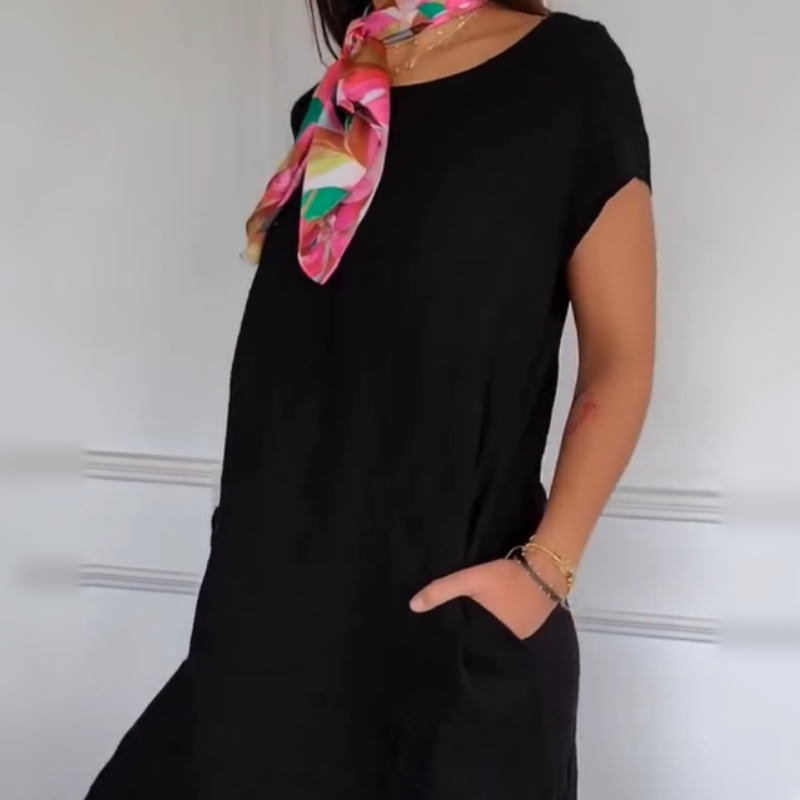 Phillipia | Damenleinenkleid mit Rundhalsausschnitt und kurzen Ärmeln