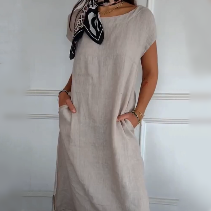 Phillipia | Damenleinenkleid mit Rundhalsausschnitt und kurzen Ärmeln