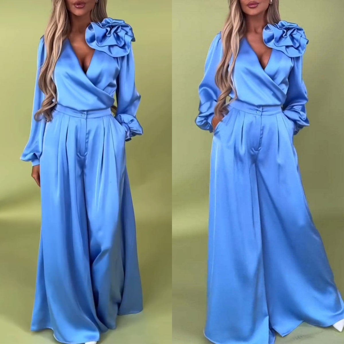 Wilma |  Frühsommer Neu  2-teiliges Set aus Oberteil mit V-Ausschnitt und Hose mit weitem