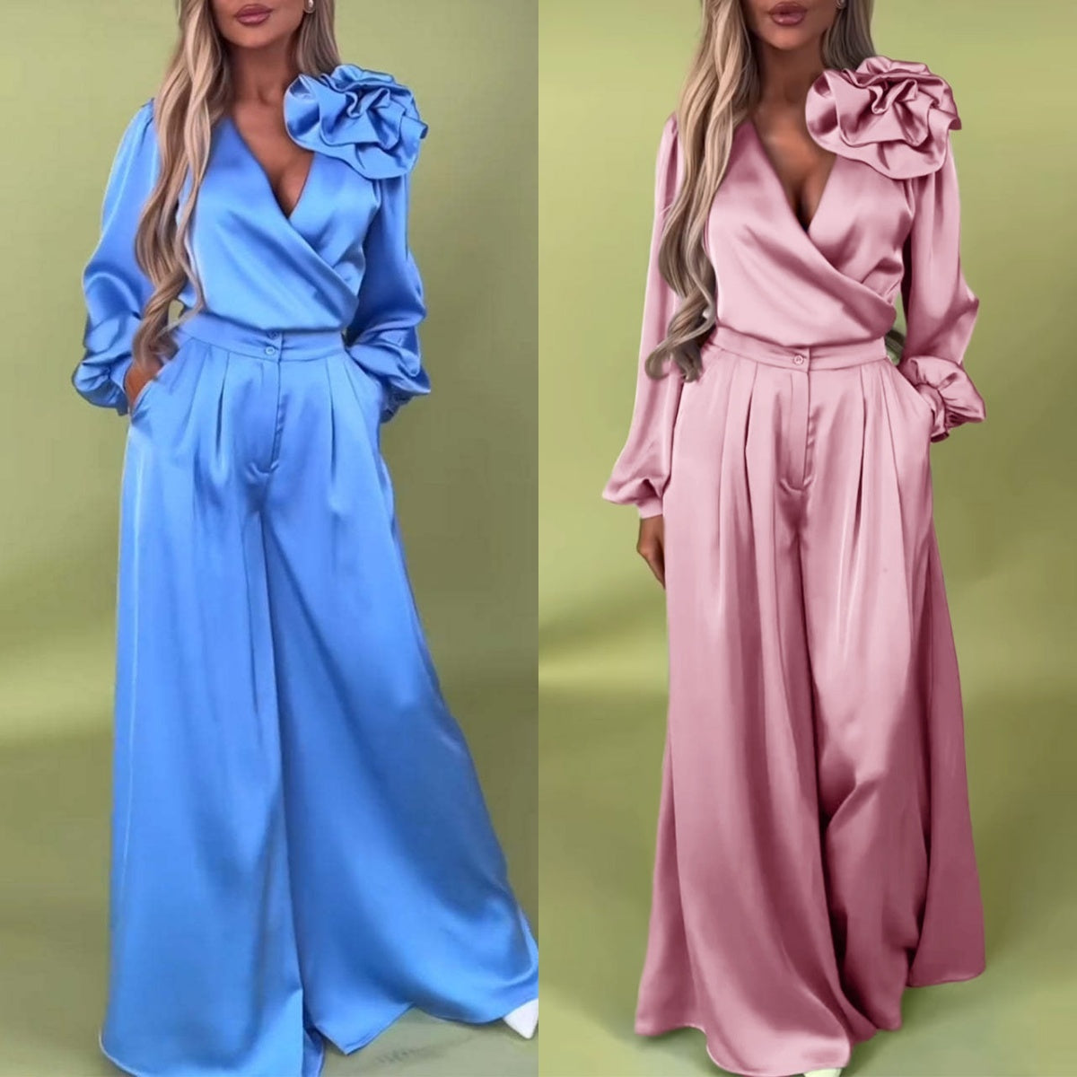 Wilma |  Frühsommer Neu  2-teiliges Set aus Oberteil mit V-Ausschnitt und Hose mit weitem