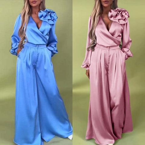 Wilma |  Frühsommer Neu  2-teiliges Set aus Oberteil mit V-Ausschnitt und Hose mit weitem