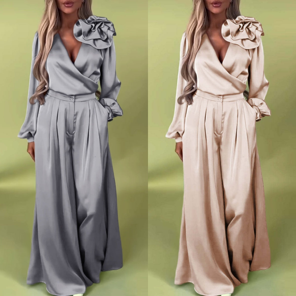 Wilma |  Frühsommer Neu  2-teiliges Set aus Oberteil mit V-Ausschnitt und Hose mit weitem