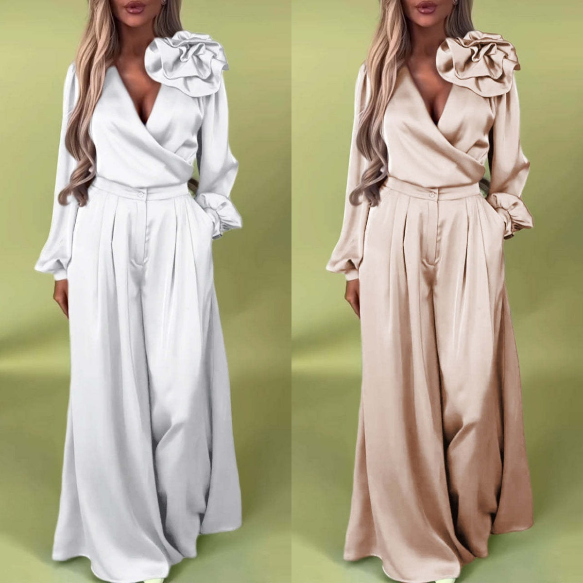 Wilma |  Frühsommer Neu  2-teiliges Set aus Oberteil mit V-Ausschnitt und Hose mit weitem