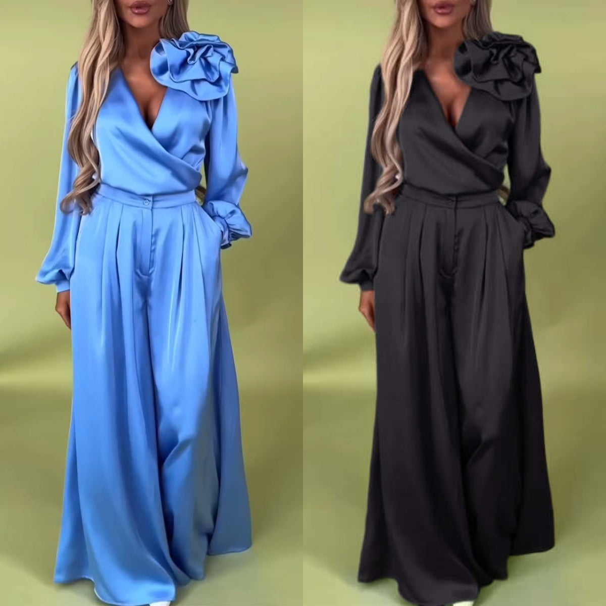 Wilma |  Frühsommer Neu  2-teiliges Set aus Oberteil mit V-Ausschnitt und Hose mit weitem