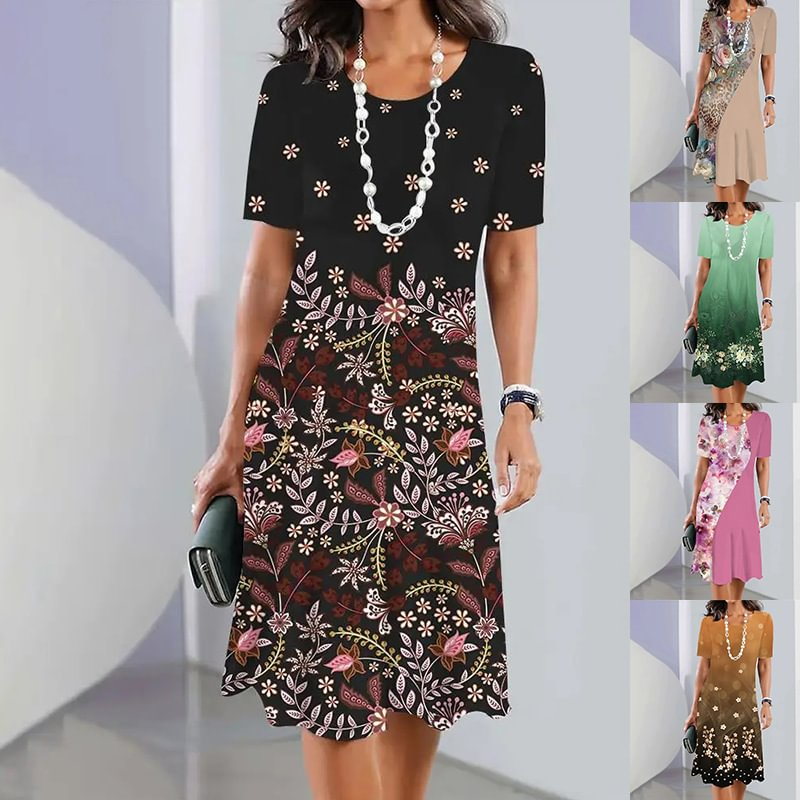 Santos | Damen elegantes Blumenprint-Kleid mit Rundhalsausschnitt