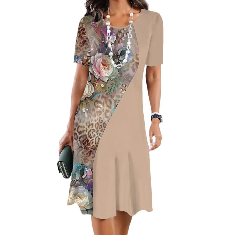 Santos | Damen elegantes Blumenprint-Kleid mit Rundhalsausschnitt
