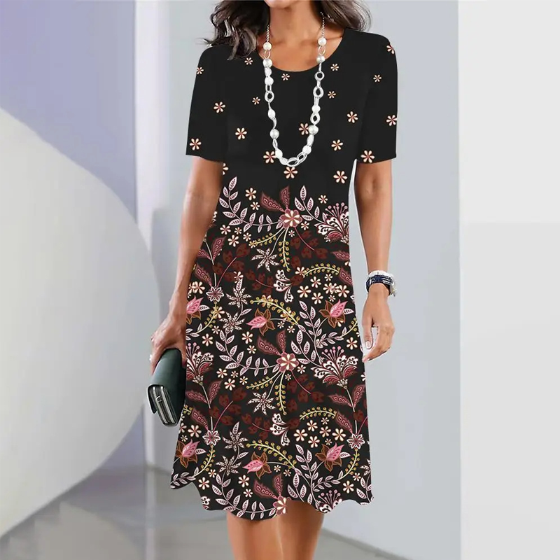 Santos | Damen elegantes Blumenprint-Kleid mit Rundhalsausschnitt