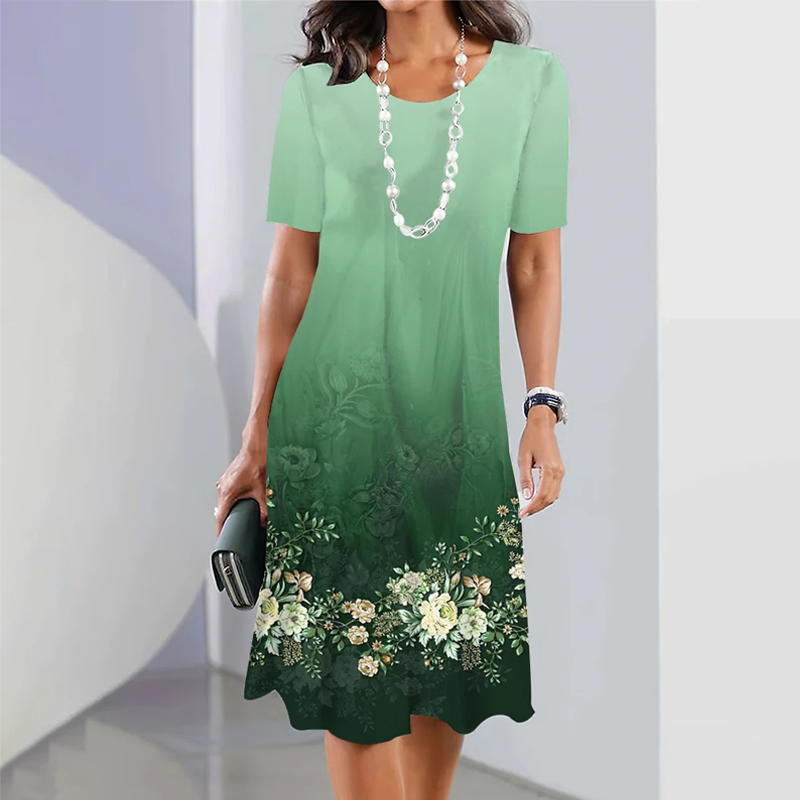 Santos | Damen elegantes Blumenprint-Kleid mit Rundhalsausschnitt