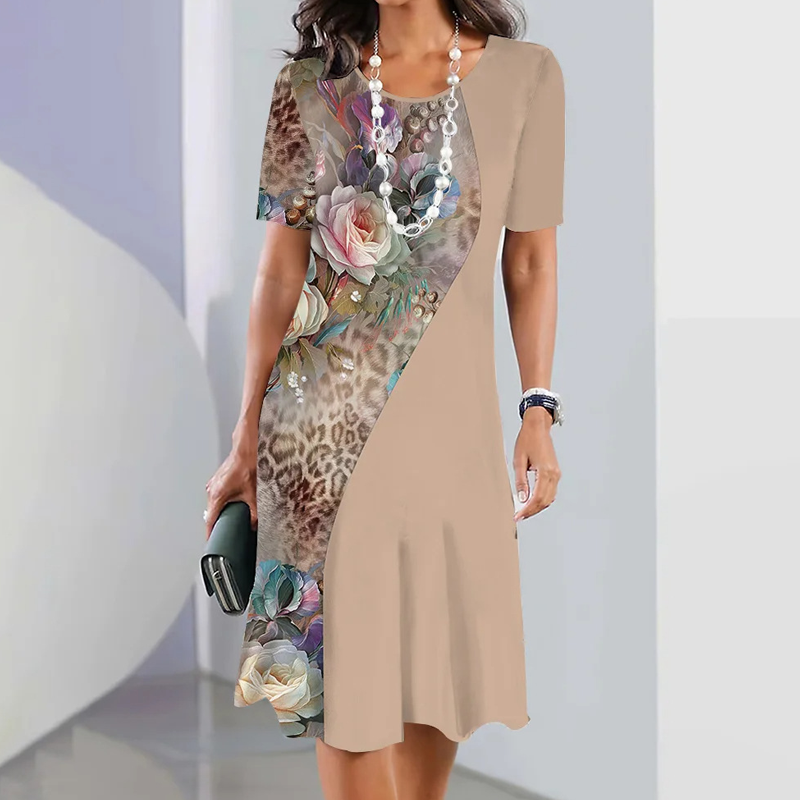 Santos | Damen elegantes Blumenprint-Kleid mit Rundhalsausschnitt