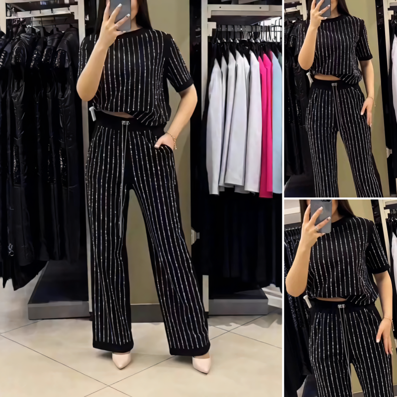 Hayden | Damen funkelnde Strass gestreiftes zweiteiliges Set