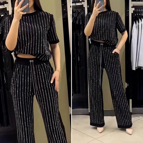 Hayden | Damen funkelnde Strass gestreiftes zweiteiliges Set