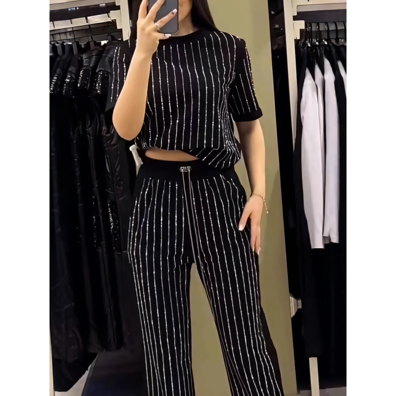 Hayden | Damen funkelnde Strass gestreiftes zweiteiliges Set