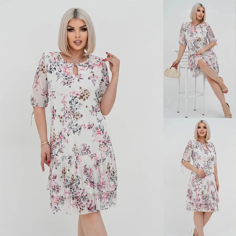 Rylie | Elegantes Chiffon-Langkleid mit Plisseé und kurzen Ärmeln