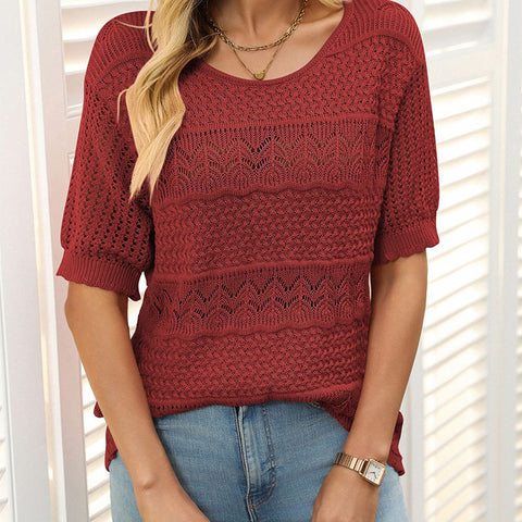 Sybil | Damen-Rundhals-Pullover mit kurzen Ärmeln und Ausschnitt