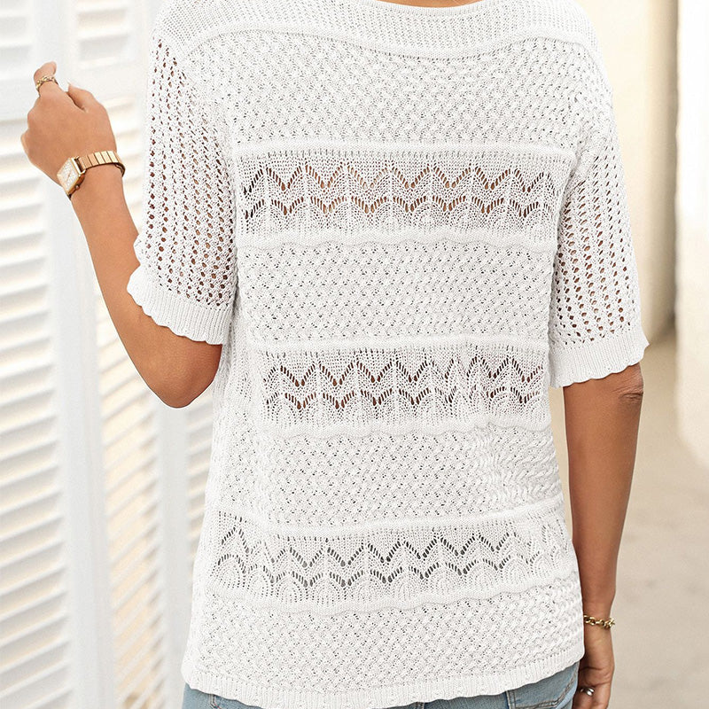 Sybil | Damen-Rundhals-Pullover mit kurzen Ärmeln und Ausschnitt