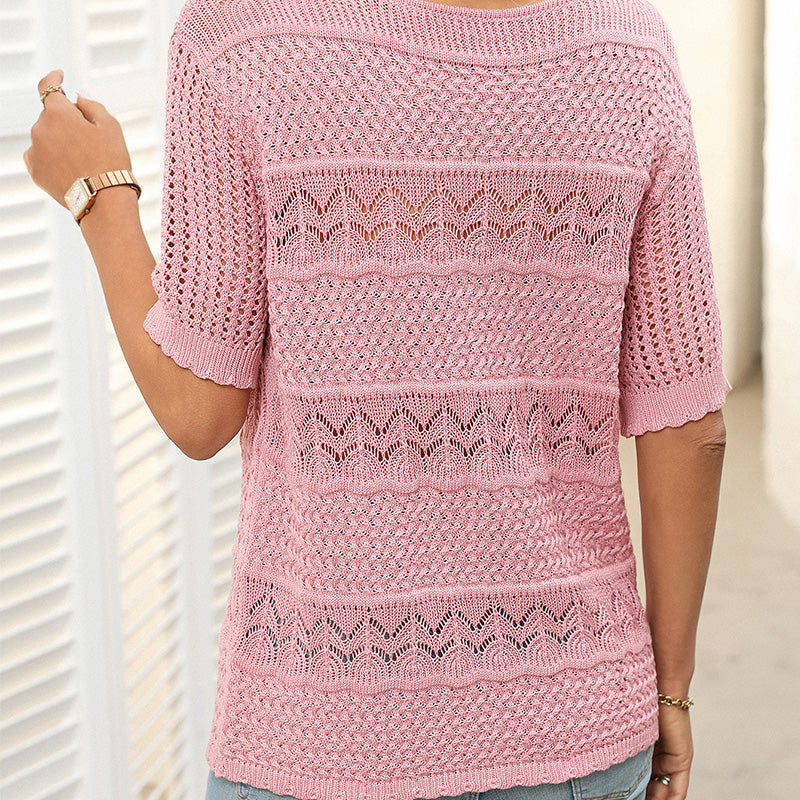 Sybil | Damen-Rundhals-Pullover mit kurzen Ärmeln und Ausschnitt