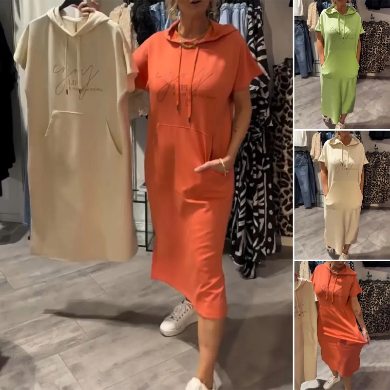 Adonisa | Damenkleid mit kurzen Ärmeln und Kapuze