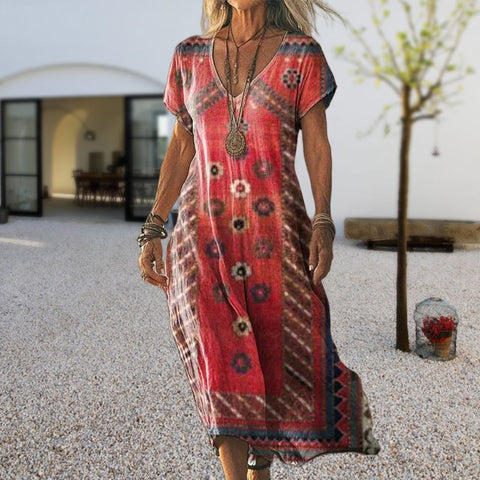 Rocia | Bedrucktes, kurzärmliges, langes Kleid mit V-Ausschnitt für Damen