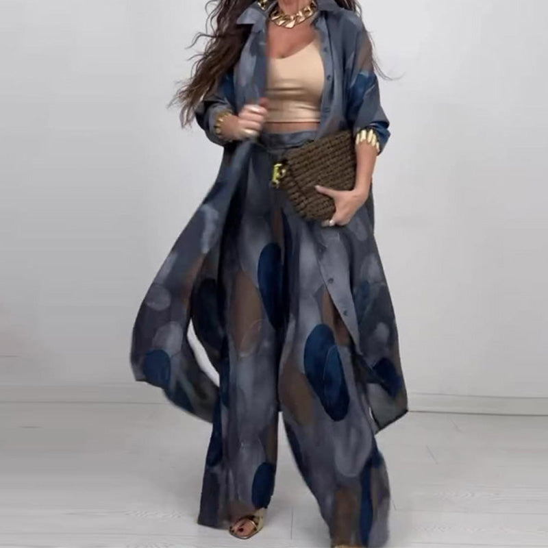 Dawn | Modisches 2-teiliges Set mit Druck: Langarm-Bluse und Weitbeinhose